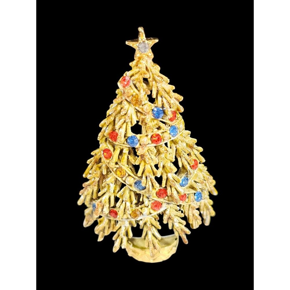 Vintage ART  2” Christmas Tree Brooch Gold Tone Multicolor Rhinestones  Holiday